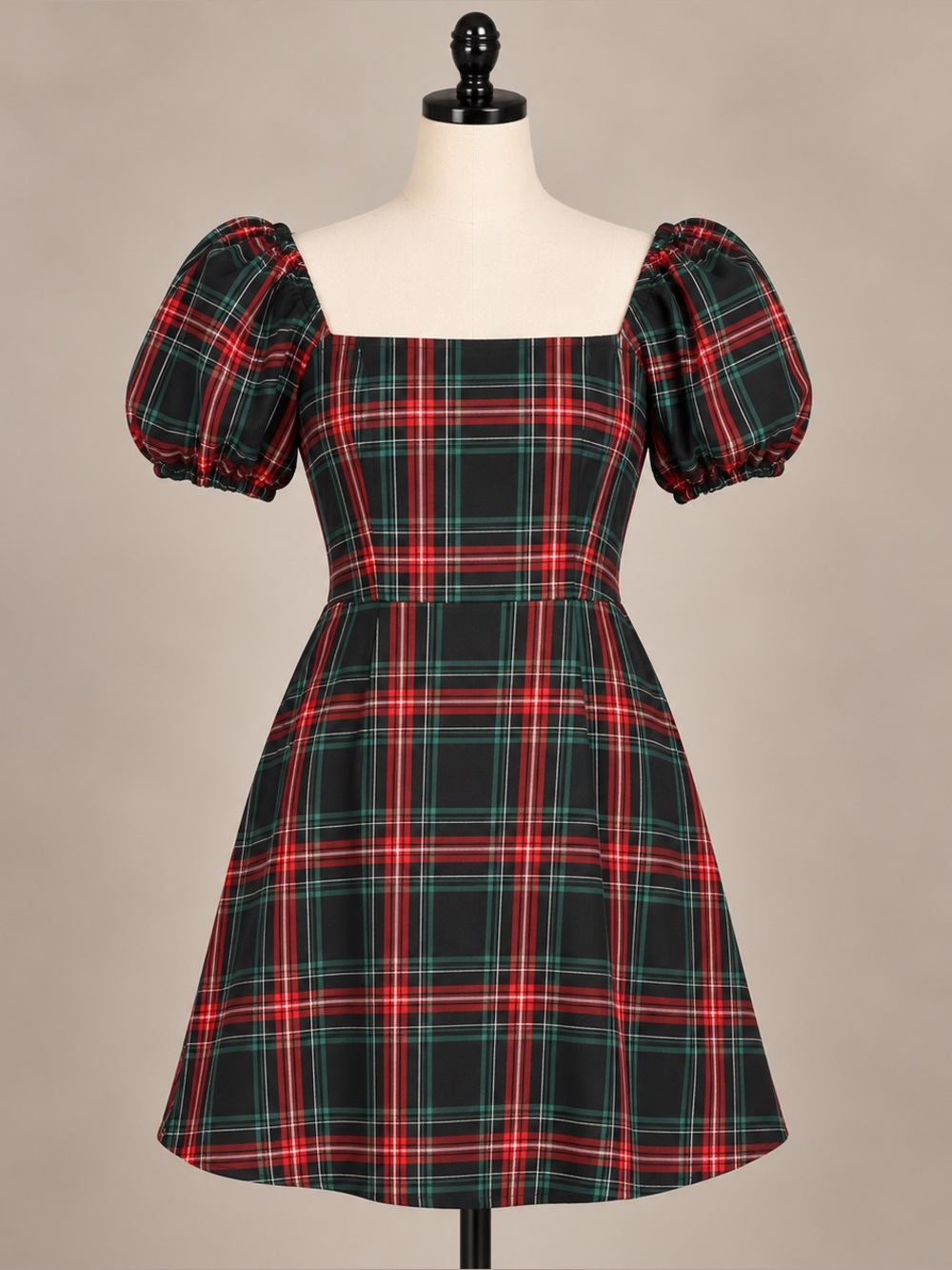 Francesca’s Plaid Puff Sleeve Mini Dress Small Black Red Green NWT
